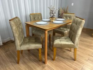 Mesa de Jantar Veneza 1.20×0.80 c/4 Cadeiras Londres – Cinamomo Laminado/Avelã Veludo