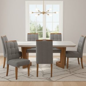 Mesa Liz 160 (Tampo 40 mm) Cinamomo/Off White com 6 Cadeiras Sophia Linho Grafite 202 – VALDEMÓVEIS