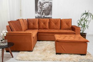 Sofá Canto 5 lugares com Puff Alemanha Veludo Terracota A33
