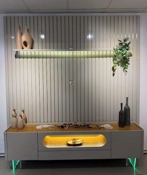 Rack Nobre Larg. 2.10m Off/Naturale + Painel Nobre Larg. 2.30m Off Ripado C/ Led 100% MDF para TV até 85" - Gelius