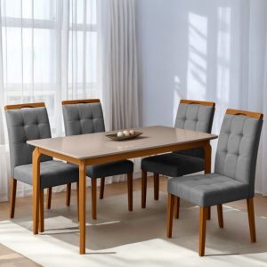 Mesa Alegra 120 Cinamomo/Off White com 4 Cadeiras Sophia Veludo Cinza Grafite