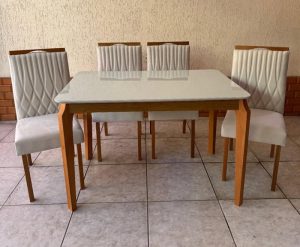 Mesa Alegra 120 Cinamomo/Off White com 4 Cadeiras Genova Veludo Bege