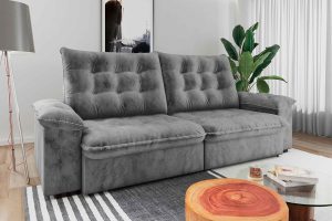 Sofá Retrátil e Reclinável Apolo 230Cm Veludo Cinza/ – Flash Estofados