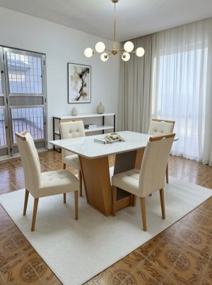Mesa Classic 120 Cinamomo/Off White com 4 Cadeiras Sophia Mel/Linho Cinza Grafite – CEL MÓVEIS + WM DECOR
