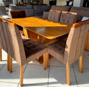 Mesa Classic 160 Cinamomo Laminado com 6 Cadeiras Sophia Veludo Marrom