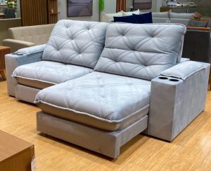 Sofá Retrátil Reclinável Cuiabá 2.50m Veludo Prata – Molas Ensacadas