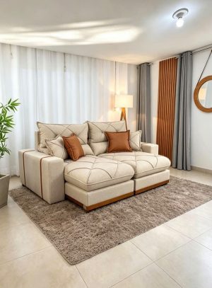 Sofá Retrátil Reclinável Gran Bello 2.30m Veludo Bege Claro - Molas Ensacadas Pocket