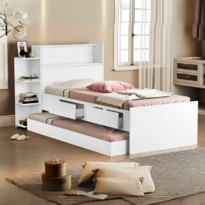 Cama Solteiro Baú Isa + Auxiliar Mili Branco – MADEC/VJ MÓVEIS