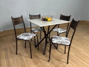 Conjunto Mesa Tubular Macaé Tampo Quadrado Com 4 Cadeiras Ratam – Marrom/Off White LD