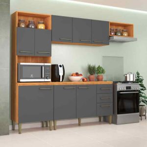Cozinha Compacta Completa Malu 9P2G com Balcao Cinamomo/Grafite Fellicci