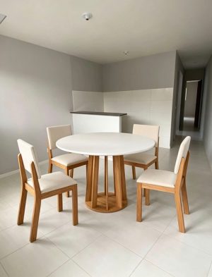 Mesa De Jantar 90x90 com 4 Cadira Bela Mel Blonde/Off White Linho Bronze 6V Viero - Sr