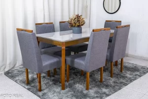 Mesa de Jantar Alegra Tampo Vidro Off 160×80 6 Cadeiras Diamante Linho Cinza 2904 JCM Madeira Maciça