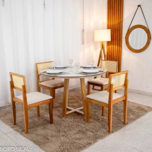 Mesa de Jantar Atlanta Redonda 120cm Vidro Off/Base Madeira + 4 Cad. Santorini Linho Bege Madeira