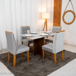 Mesa de Jantar Moscou 120x80 Vidro Off/Base Cinamomo + 4 Cad. Londres Veludo Prata Madeira