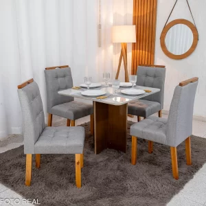 Mesa de Jantar Moscou 90x90 Vidro Off/Base Cinamomo + 4 Cad. Londres Linho Cinza Madeira