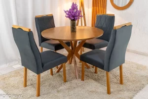 Mesa de Jantar Simpatia Tampo Redondo 108×108 Cinamomo JCM 4 Cad. Lisboa Veludo Cinza 507