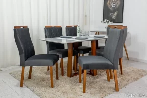 Mesa Pedro Mel Tampo Off 160×80 6 Cadeiras Lisboa Assento Veludo Cinza 507 Art Assento