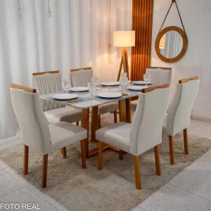 Mesa de Jantar Pedro 160×80 Vidro Off/Base Madeira + 6 Cad. Genova Veludo Bege 512 Madeira