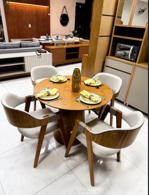 Mesa de Jantar Paris Circular 1.10×1.10 c/4 Cadeiras Pérola – Cinamomo Laminado/Cinza Linho