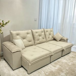 Sofá Retrátil e Reclinável Porto Madero 2,75 m Veludo Bege – IMPERIAL DECOR