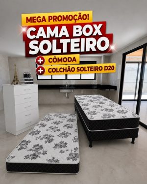 Promoção Combo Quarto Solteiro– Cama Box D20 + Colchão solteiro D20 + Cômoda 5 Gavetas