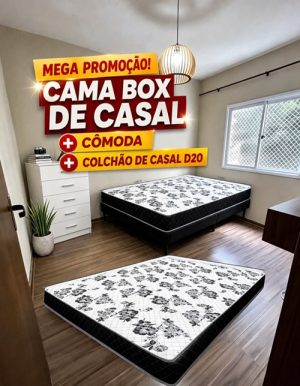 Promoção Combo Quarto Casal - Cama Box D20 + Colchão Casal D20 + Cômoda 5 Gavetas