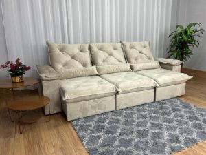 Sofá Retrátil Reclinável Porto Madero 2.70m- Bege Veludo