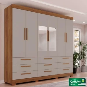 Guarda-roupa Casal Dinamarca Cinamomo/Off C/Espelho 6 Portas 9 Gavetas C/pés Larg. 1.80m - Sallêto