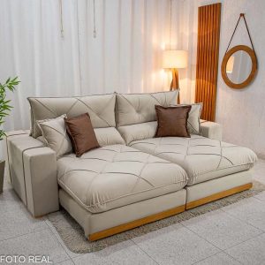 Sofá Retrátil Reclinável Gran Bello 2.90m Veludo Bege 01- D33 e Molas Ensacadas