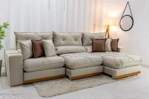 Sofá Retrátil Reclinável Gran Bello 3.20m Veludo Bege Claro - Molas Ensacadas